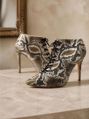 Snake-Print Lace-Up Stiletto Booties in Neutral